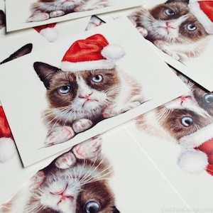 Cat Christmas Cards Grumpy Cat Santa Postcard, Grumpy Santa, Whimsical Animal Card, Christmas Holiday Grumpy Santa, Meme Funny Blank Cards