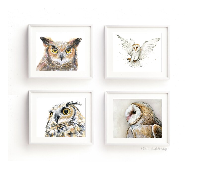 May include: Four watercolor paintings of owls. The top left image shows a close-up of a great horned owl with brown and white feathers and yellow eyes. The top right image shows a barn owl in flight with white feathers and a yellow beak. The bottom left image shows a close-up of a great horned owl with brown and white feathers and yellow eyes. The bottom right image shows a barn owl with white and brown feathers and a yellow beak.