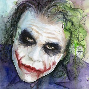 May include: Watercolour painting of the Joker from the film The Dark Knight. The Joker is depicted with green hair, white face paint, and a red smile. The background is a watercolour wash of blue, purple, and green.