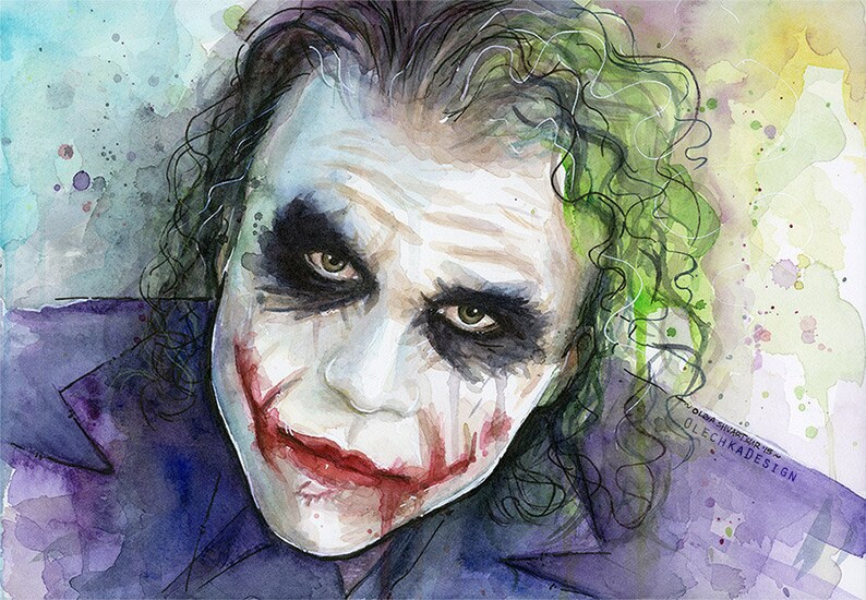 May include: Watercolour painting of the Joker from the film The Dark Knight. The Joker is depicted with green hair, white face paint, and a red smile. The background is a watercolour wash of blue, purple, and green.
