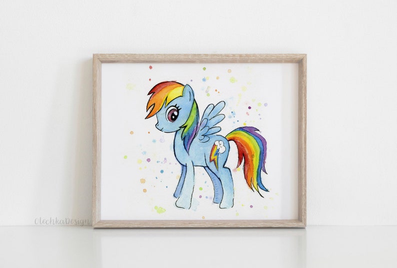 May include: A watercolor painting of a blue and rainbow pony with a rainbow tail and a white cloud with a lightning bolt on its flank. The pony is standing on a white background with colorful watercolor splatters.