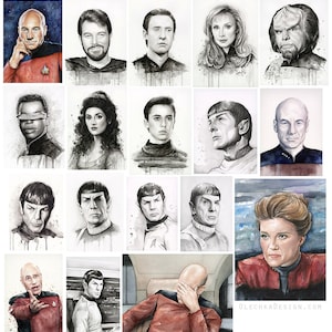 May include: A collection of watercolour portraits of characters from the Star Trek franchise. The portraits are in black and white with a watercolour wash. The characters include Captain Kirk, Spock, Dr. McCoy, Uhura, and others.
