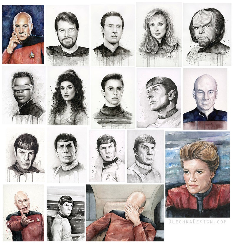 May include: A collection of watercolour portraits of characters from the Star Trek franchise. The portraits are in black and white with a watercolour wash. The characters include Captain Kirk, Spock, Dr. McCoy, Uhura, and others.