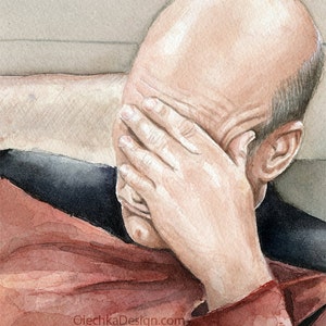 Picard Facepalm Meme Watercolor, Picard Print, Meme Art, Sci-Fi Painting, Captain Picard, Portrait, Funny Geek Wall Art image 2