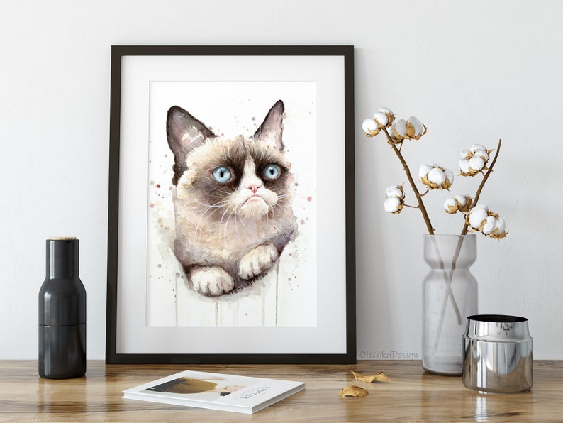 Grumpy Cat Watercolor Giclee Art Print, Animal Portrait image 2