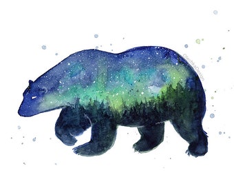 シロクマの銀河水彩画、オーロラ星座アート - Etsy 日本