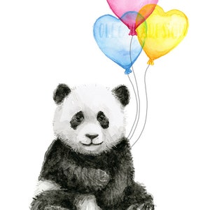 May include: A watercolour painting of a black and white panda bear sitting with three heart-shaped balloons. The balloons are blue, yellow, and pink. The balloons have the word "One" written on them.