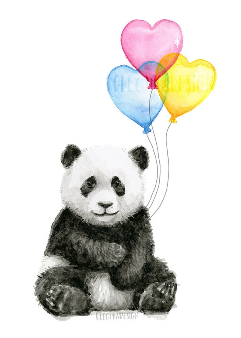 May include: A watercolour painting of a black and white panda bear sitting with three heart-shaped balloons. The balloons are blue, yellow, and pink. The balloons have the word "One" written on them.