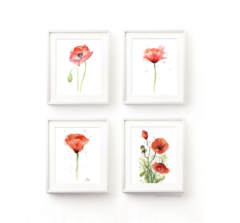 May include: Set of four watercolor paintings of red poppies in white frames. Each painting features a single poppy flower with green stems and leaves. The paintings are arranged in a grid pattern on a white background.