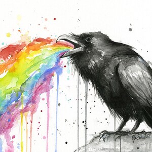 May include: A black and white watercolor painting of a raven with a rainbow coming out of its mouth. The rainbow is dripping with colorful paint.