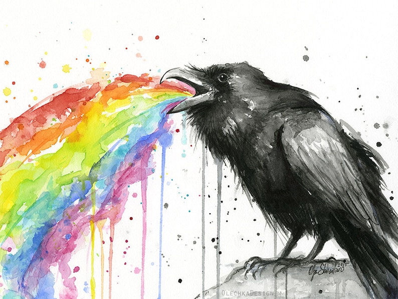 May include: A black and white watercolor painting of a raven with a rainbow coming out of its mouth. The rainbow is dripping with colorful paint.