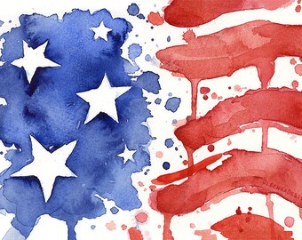 American Flag Art Print of Watercolor Painting, Flag Art, American Flag Print, 4th of July Decoration Independence Day Decor, Red White Blue