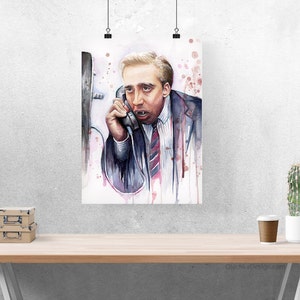 May include: Watercolor painting of a man on the phone with a worried expression. The man is wearing a suit and tie. The background is a light pink with white splatters.
