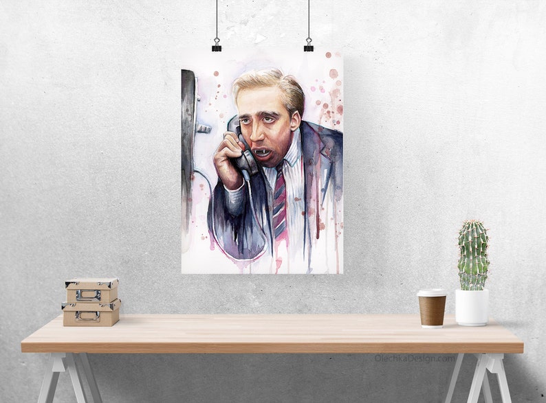May include: Watercolor painting of a man on the phone with a worried expression. The man is wearing a suit and tie. The background is a light pink with white splatters.