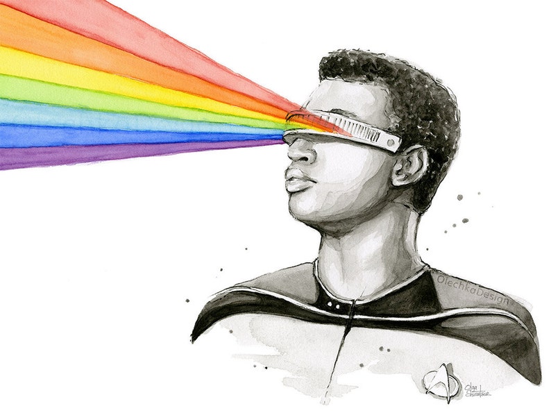 May include: A watercolor painting of a person wearing a black and grey uniform with a rainbow emanating from their eyes. The person is wearing a visor with a silver band. The text "Olechka Design" is in the background.