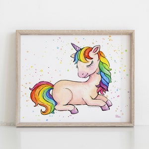 May include: A watercolor painting of a unicorn with a rainbow mane and tail. The unicorn is lying down with its eyes closed. The background is white with colorful dots.