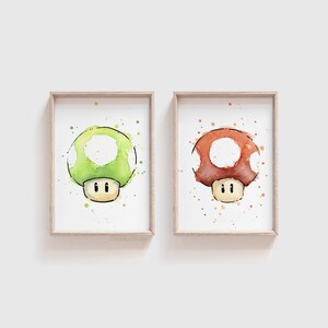 Mario Red Mushroom, Watercolor Red Mushroom Art Print, Mario Mushroom Art Print Geek Wall Art Video Game Painting Decor image 2