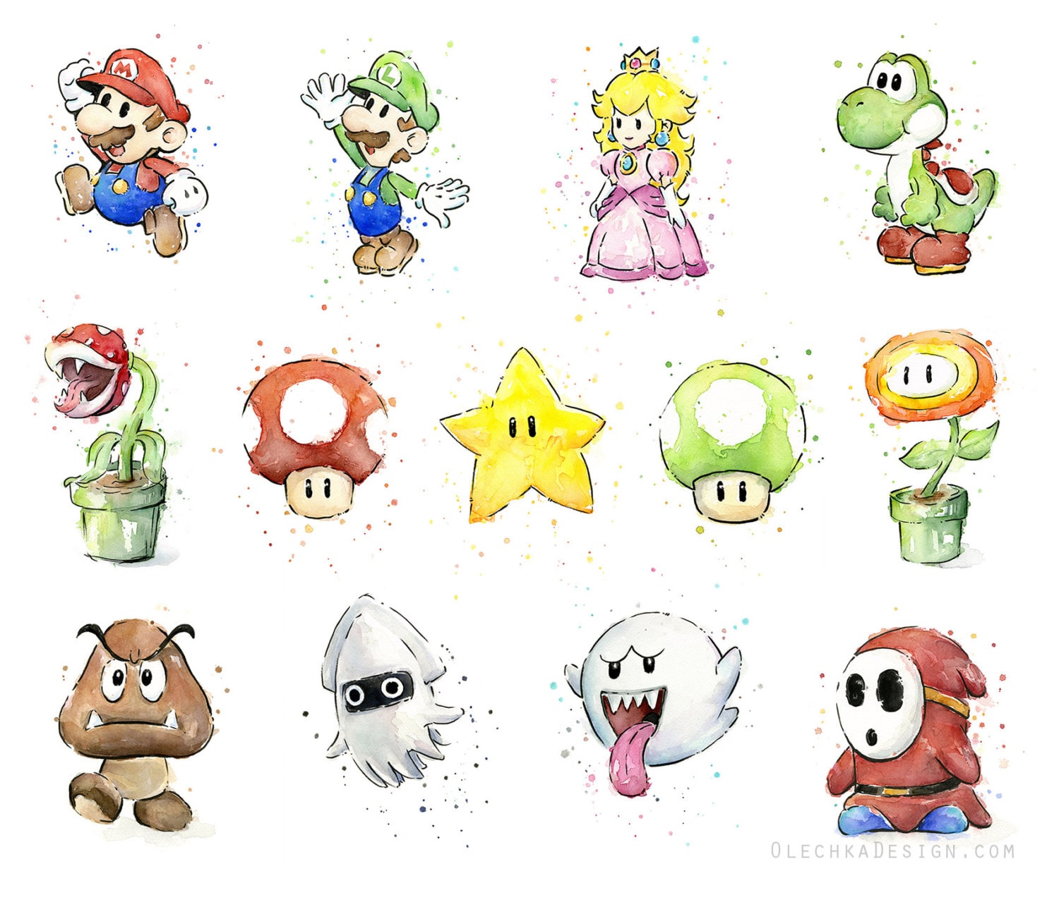 マリオの赤いキノコの水彩画プリント、ギークなインテリア - Etsy 日本