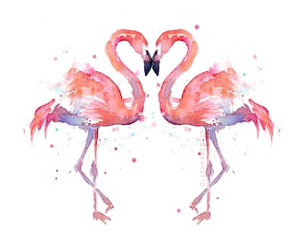 Two Flamingos Watercolor Art Print, Romantic Flamingo Love