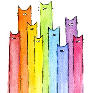 May include: Watercolor painting of a row of nine cats, each a different color of the rainbow, standing tall and looking straight ahead. The cats are drawn in a simple, cartoon style.