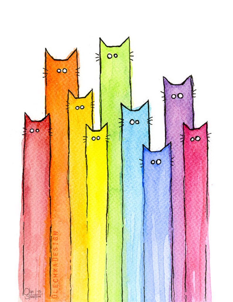 May include: Watercolor painting of a row of nine cats, each a different color of the rainbow, standing tall and looking straight ahead. The cats are drawn in a simple, cartoon style.