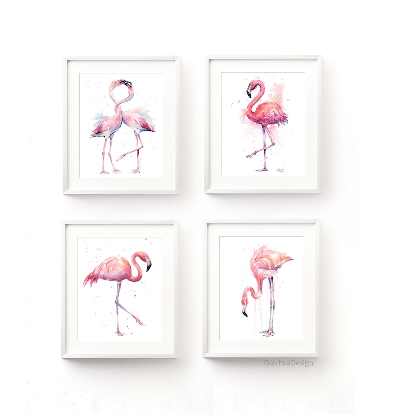 May include: Set of four watercolor paintings featuring pink flamingos in various poses. The paintings are framed in white frames and displayed on a white wall.