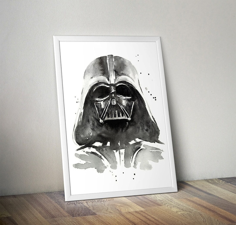 May include: Black and white watercolor painting of Darth Vader from Star Wars. The painting has a splattered background.