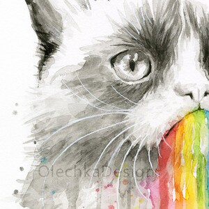 May include: A watercolor painting of a cat with a rainbow coming out of its mouth. The cat's eye is visible and the rainbow is a vibrant mix of colors.