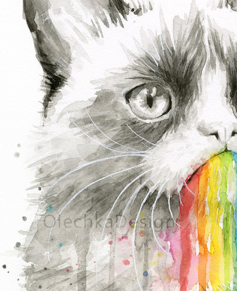 May include: A watercolor painting of a cat with a rainbow coming out of its mouth. The cat's eye is visible and the rainbow is a vibrant mix of colors.