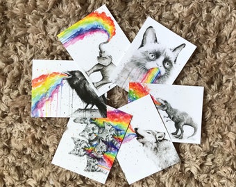 Regenbogen Tiere Aquarell Postkarten - 6er Set - Lustige Tiere Postkarten, Elefant, Wolf, Kätzchen, Rabe, Grumpy Cat, T-Rex, Regenbogen Kotze
