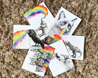 Rainbow Animals Aquarelle Cartes Postales - Set de 6 - Cartes postales Funny Animals, Éléphant, Loup, Chatons, Corbeau, Chat grincheux, T-Rex, Rainbow Puke