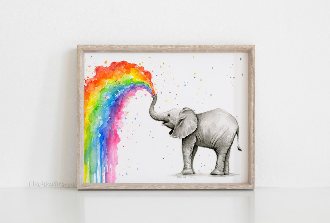 Elephant Nursery, Elephant Art, Baby Elephant Spraying Rainbow