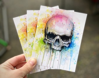 Skull Postcards, Postcard Set, Skull Art, Skull Painting, Watercolor Skull, Rainbow Skull, Watercolor Postcards, Colorful Skull Painting