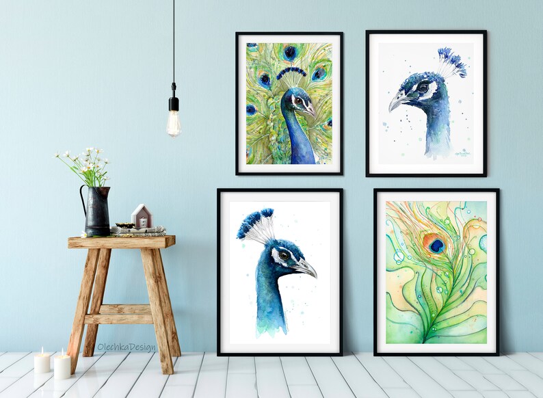 May include: Four framed watercolor paintings of peacocks. The top left painting shows a peacock with its tail feathers spread out. The top right painting shows a peacock's head and neck. The bottom left painting shows a peacock's head and neck. The bottom right painting shows a single peacock feather.
