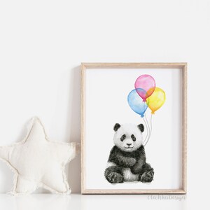 May include: A watercolor illustration of a panda bear holding three balloons. The balloons are blue, yellow, and pink. The panda is sitting on a white background.