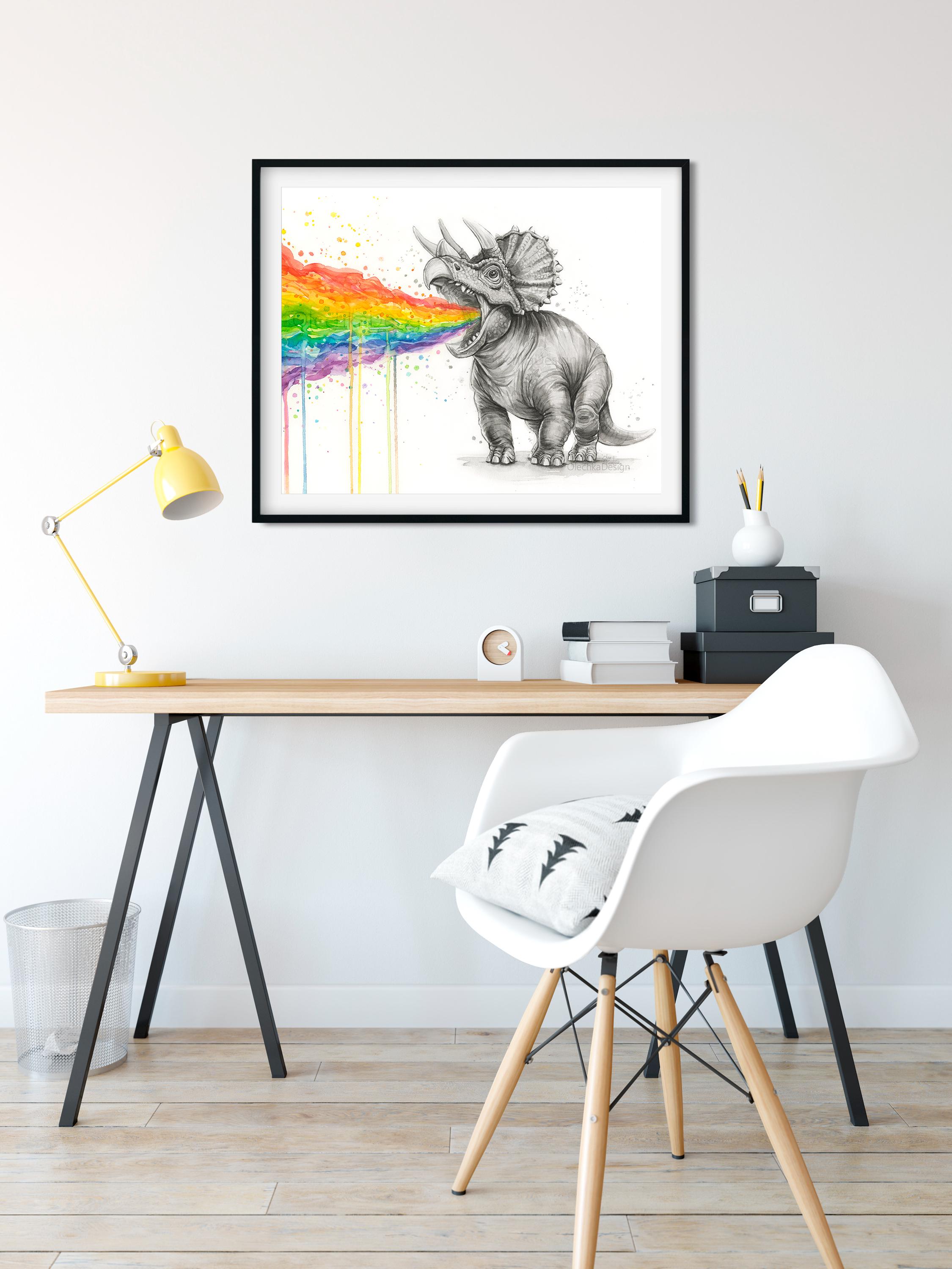 トリケラトプスの虹の嘔吐物、気まぐれな水彩画の恐竜の絵画、面白い