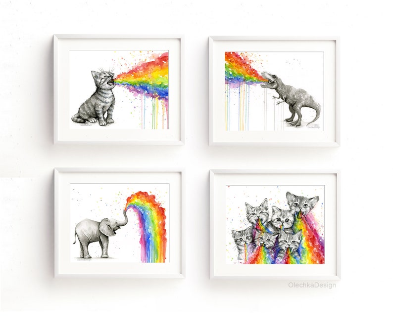 May include: A set of four watercolor paintings featuring various animals, including a cat, a dinosaur, an elephant, and a group of cats, all blowing rainbows.