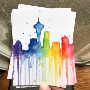 Cartões postais de arco-íris de Seattle Cartões de horizonte de Seattle Cartões de arco-íris em aquarela de Seattle Conjunto de cartões postais de arte PNW - Escolha a quantidade