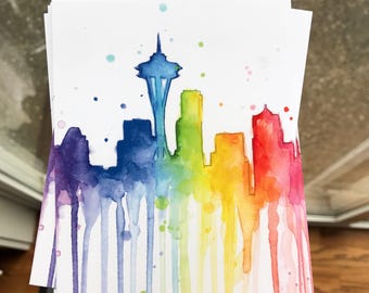 Seattle Rainbow Postcards Seattle Skyline Cards Seattle Watercolor Rainbow Cards Space Needle Painting PNW Art Postcards Set - Choose Amount