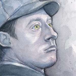 May include: A watercolour painting of a man wearing a grey hat, with a serious expression. His eyes are a bright yellow.