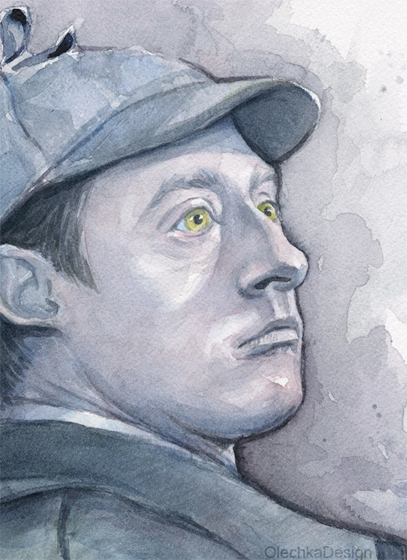 May include: A watercolour painting of a man wearing a grey hat, with a serious expression. His eyes are a bright yellow.