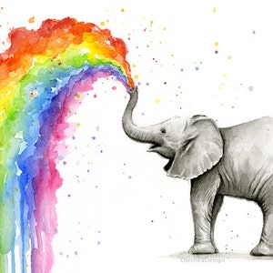 Elephant Nursery, Elephant Art, Baby Elephant Spraying Rainbow, Watercolor Painting Art Print, Cute Baby Animals Art, Nursery Decor image 2