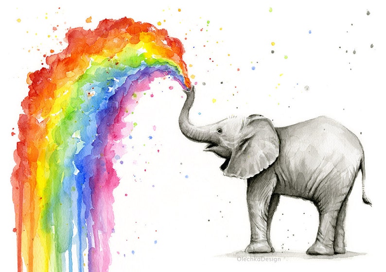 Elephant Nursery, Elephant Art, Baby Elephant Spraying Rainbow, Watercolor Painting Art Print, Cute Baby Animals Art, Nursery Decor image 2