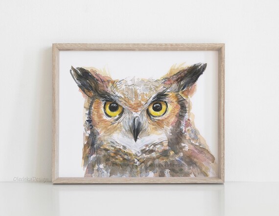 ワシミミズクの水彩画プリント、森の鳥のイラスト - Etsy 日本