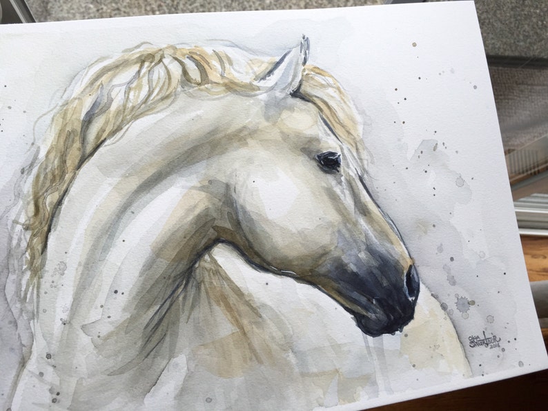 Peinture d'aquarelle de cheval blanc, oeuvre originale, art animal d'aquarelle, peinture de cheval, portrait de cheval, illustration de cheval, 9x12 image 1