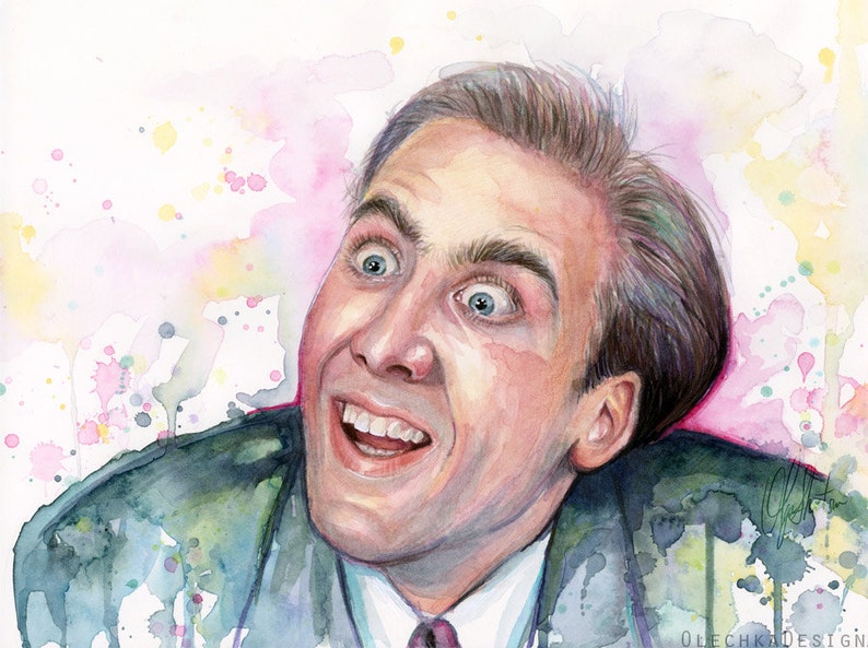 Op de afbeelding: Waterverf schilderij van een man met een verraste uitdrukking. Hij heeft bruin haar, blauwe ogen en draagt ​​een donkergroen jack en een wit overhemd met een rode stropdas. De achtergrond is lichtroze met gele en blauwe waterverf spatten.