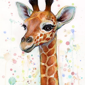 May include: Watercolor painting of a baby giraffe with large brown eyes and a long neck. The giraffe is surrounded by colorful watercolor splatters on a white background.