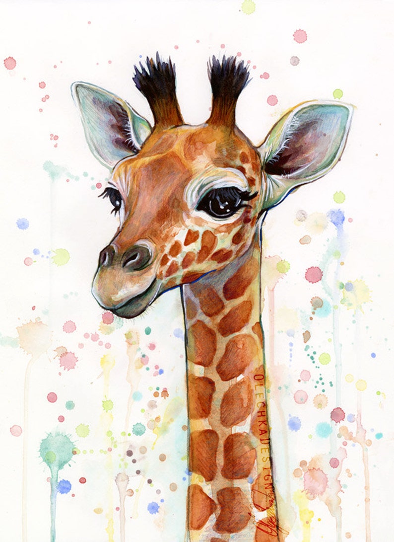May include: Watercolor painting of a baby giraffe with large brown eyes and a long neck. The giraffe is surrounded by colorful watercolor splatters on a white background.