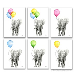 May include: Set of six art prints featuring watercolor illustrations of gray elephants holding colorful balloons. Each elephant is depicted in a walking pose, with balloons in shades of pink, blue, yellow, and green. The artwork is on a white background.