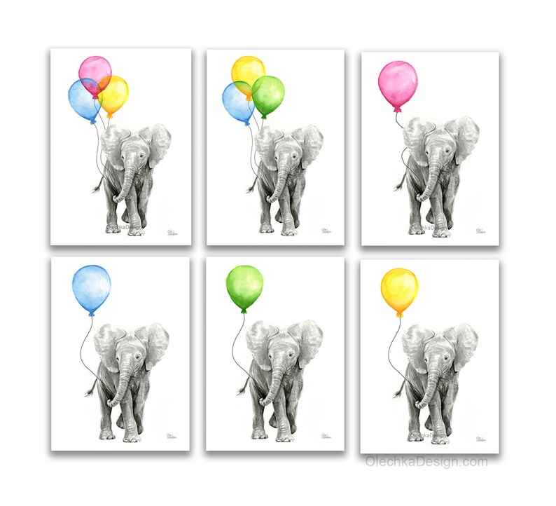 May include: Set of six art prints featuring watercolor illustrations of gray elephants holding colorful balloons. Each elephant is depicted in a walking pose, with balloons in shades of pink, blue, yellow, and green. The artwork is on a white background.
